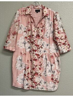 Varun Bahl Women Shirt Dress Large Pink Floral 3/4 Sleeve Collared Party